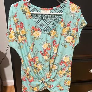 Bobbie Brooks blue with yellow, red/pink flowers blouse. Size L